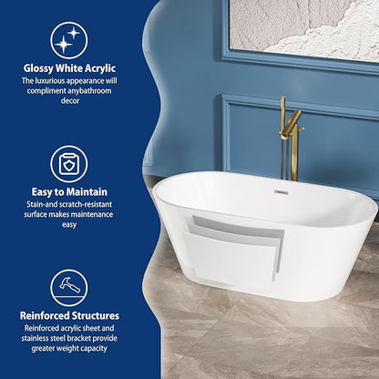 Sarlai 59 Inch Acrylic Freestanding Soaking Bathtub Contemporary Soaking White Tub Stand Alone Ergonomic Bathtub with Black Drain