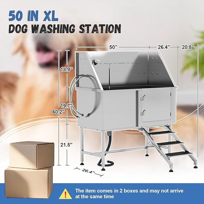 Albott 50-Inch Stainless Steel Pet Washing Station with Stairs, Dog Bath Tub 3-Speed Showerhead, Removable Grates, Easy to Clean, L-Size (Right)