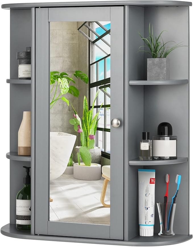 COSTWAY Wall Mounted Bathroom Cabinet - Storage Organizer with Mirror Door, Adjustable Shelves & 6 Open Racks, Space-Saving Hanging Medicine Cabinet for Living Room Kitchen Entryway (Gray)