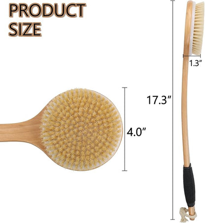 OWIIZI Round Head Back Scrub Brush for Body Shower, Wooden Long Handle Bristles Tub Soaping Bath Brushes, Skin Exfoliator Scrubber Brush for Men Women Elderly Wet or Dry Use