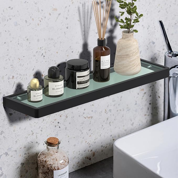 Glass Shelves/Shelf with Towel Bar/Rack 20-inch Floating Shelves for Bathroom Tempered Glass Rectangular 1 Tier Organizer Wall Shelf (Matte Black, 20'')