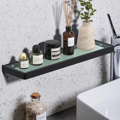 Glass Shelves/Shelf with Towel Bar/Rack 20-inch Floating Shelves for Bathroom Tempered Glass Rectangular 1 Tier Organizer Wall Shelf (Matte Black, 20'')