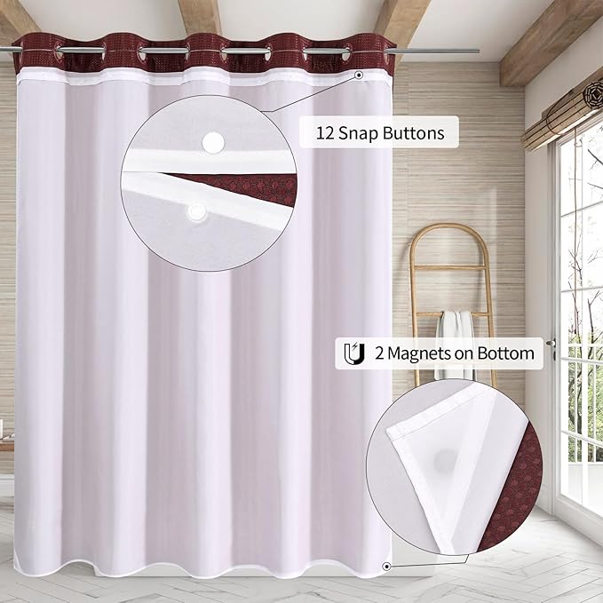 MitoVilla No Hooks Needed Burgundy Waffle Shower Curtain Liner Set, Modern Waffle Weave Heavy Duty Fabric Cloth Shower Curtain with Snap-in Liner for Luxury Neutral Hotel Spa Bathroom Decor