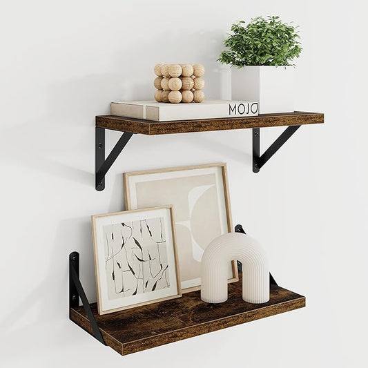 Dreamland Deep Floating Shelves for Wall, 16W x 8D Wall Mounted Shelves Set of 2, Floating Shelves Bedroom with Sturdy Metal Brackets for Living Room, Bathroom and Kitchen, Brown