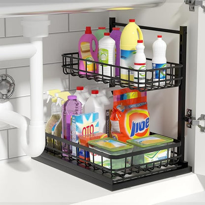 Under Sink Organizer, Adjustable Height Pull-Out Kitchen Storage Organization,15.8" x 11.8" x 16.5", 2-Tier Kitchen Shelf, Bathroom Drawer Organizer, 2 Pack|Black