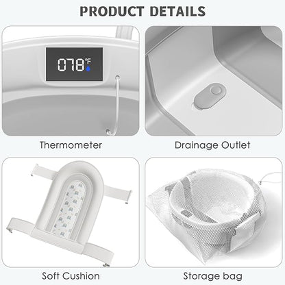 Collapsible Baby Bathtub for Newborn to Toddler 0-36 Months, Spacious Foldable Infant Bath Tub with Thermometer, Cushion & Drain Hole, Portable Travel Tub Grey