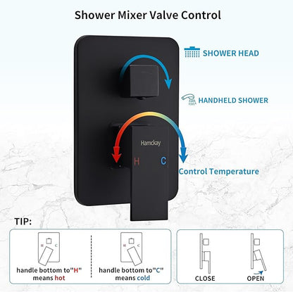 8 Inch Matte Black Shower Faucet Set with Rain Shower Head and Handheld Spray, Wall Mounted Rainfall Shower Head with Handheld Combo, Bathroom luxury Shower System with Valve and Trim