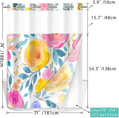 No Hook Shower Curtain Set with Snap in Fabric Liner for Bathroom,with See Through Top Window,Double Shower Curtain with Detachable Liner Replacement,Machine Washable,Rich Flower,71"x 74"