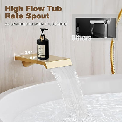 Shower System with Tub Spout, All Metal Tub Shower Faucet Set with 12-Inch Rain Shower Head and Handheld Spray combo, Wall Mounted Shower Combo Set with shower valve and Trim kit,Brushed Gold