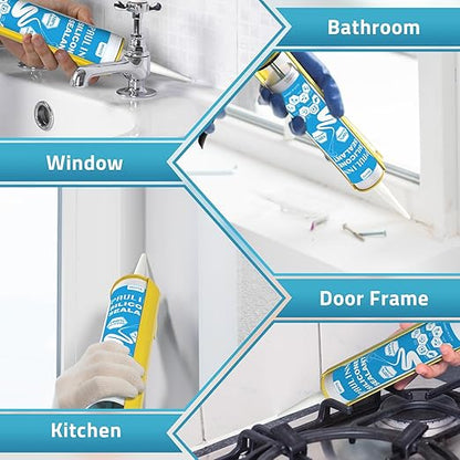 PAULINN Silicone Caulk White, 100% Silicone Sealant Waterproof for RV, Kitchen, Bath, General Use, Window, Door, Glass, Marine, 10.2 Oz, 4 Packs