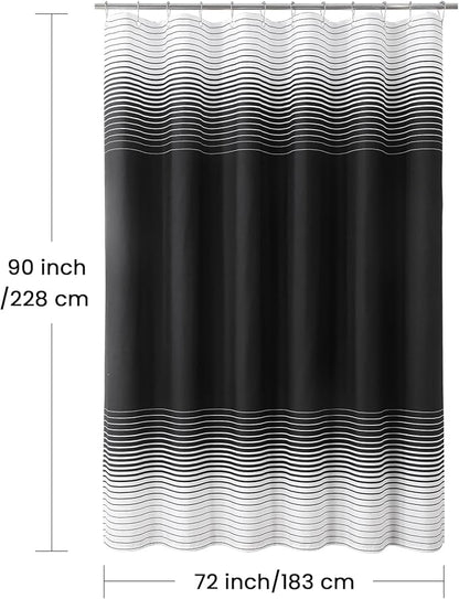 90 Inch Black Shower Curtain, Extra Long Modern Black and White Gradient Horizontal Stripe Waterproof Polyester Shower Curtains for Bathroom, 72x90 Inches