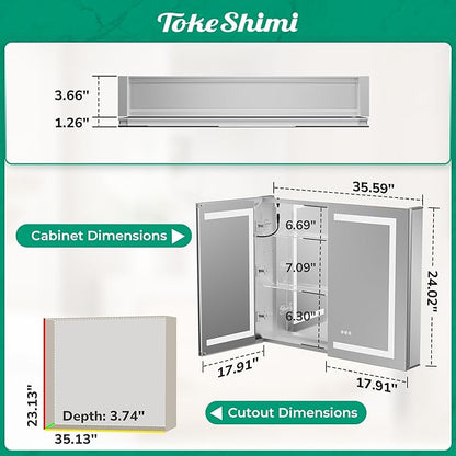 TokeShimi 36x24 Lighted Medicine Cabinet Mirror with Outlet, 3 Colors Dimmable Bathroom Mirror Medicine Cabinet Surface or Recessed Mount, Anti-Fog Mirror with Storage for Vanity and Modern Decor