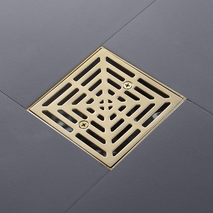 4-1/4 Inch Brushed Gold Shower Drain Square, Base with Adjustable Drain Flange Kit PVC, Removable Grille Strainer Drain Cover with Screws, SUS304 Stainless Steel Brass Face