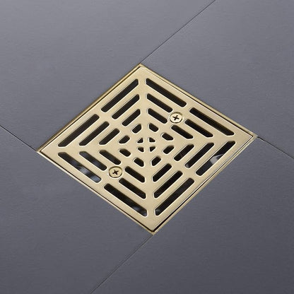4-1/4 Inch Brushed Gold Shower Drain Square, Base with Adjustable Drain Flange Kit PVC, Removable Grille Strainer Drain Cover with Screws, SUS304 Stainless Steel Brass Face
