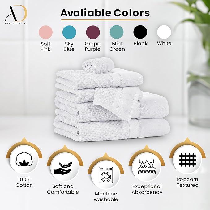 Ample Decor 100% Cotton Washcloths Set of 50 - Highly Absorbent, Popcorn Textured - Mulaayam Collection - White 12 X 12 Inch