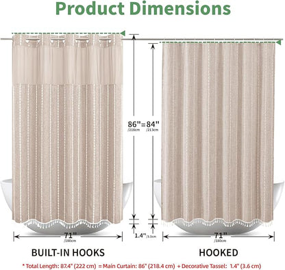 No Hook Extra Long Shower Curtain Set with Snap-in Liner,Linen Textured Thick Striped Fabric with Tassels,Boho Chic Modern Farmhouse Bathroom Curtain,Water-Repellent,Tan/Taupe,71x86