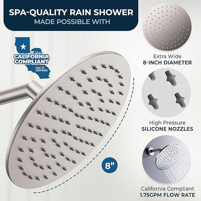 HammerHead Showers Solid Metal Round 8 Inch Rainfall Shower Head, High Flow Shower Head Optimized for Pressure, Brushed Nickel, 1.75 GPM