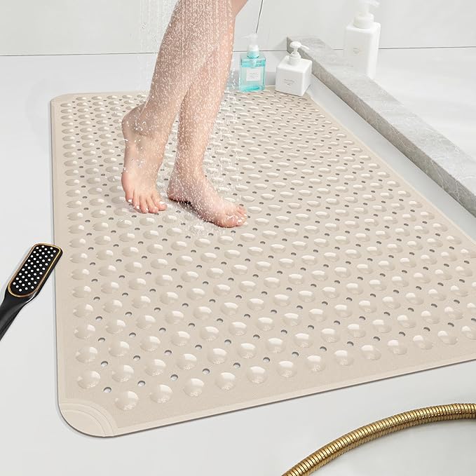 OTHWAY Large Shower Mat 34"x 23", TPE Non Slip Shower Mat for Walk in Shower Stall, Inside Shower Mats with Drain Holes Suction Cups, Anti-Slip for Elderly Kids (Apricot)