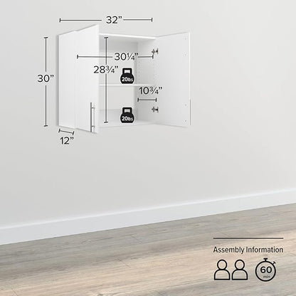 Prepac Elite 32" Wall Cabinet, White Storage Cabinet, Bathroom Cabinet, Pantry Cabinet with 1 Adjustable Shelf 12" D x 32" W x 30" H, WEW-3230