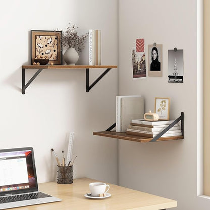 Fun Memories 18" W x12 D Floating Shelves, Farmhouse Wall Shelves Home Decor Shelf, Deep Bathroom Shelf with Bracket, 12 Inch Deep Wall Shelves for Living Room, Kitchen, Bedroom, Walnut, Set of 2