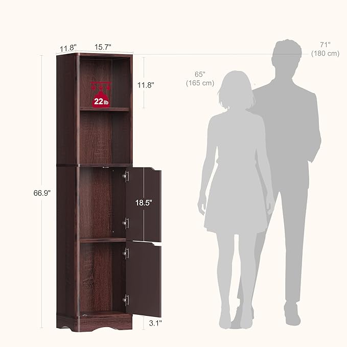 67" Tall Bathroom Organizer and Storage, Narrow Storage Cabinet with 2 Doors and 4 Shelves, Freestanding Floor Storage Unit,15.7" W x 11.8" D x 66.9" H, Walnut