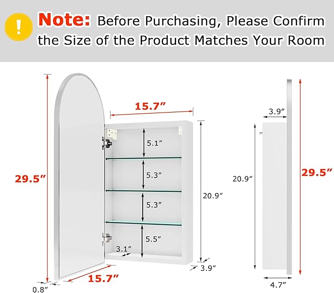 FKWin Arched Medicine Cabinets with Mirror, Bathroom Mirror with Storage, Aluminum Alloy Bathroom Cabinet, Modern Bathroom Wall Cabinet with 3 Adjustable Shelves, Not Recessed, 29.5"x15.7",Silver