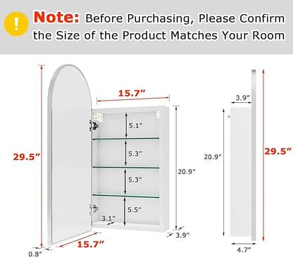 FKWin Arched Medicine Cabinets with Mirror, Bathroom Mirror with Storage, Aluminum Alloy Bathroom Cabinet, Modern Bathroom Wall Cabinet with 3 Adjustable Shelves, Not Recessed, 29.5"x15.7",Silver