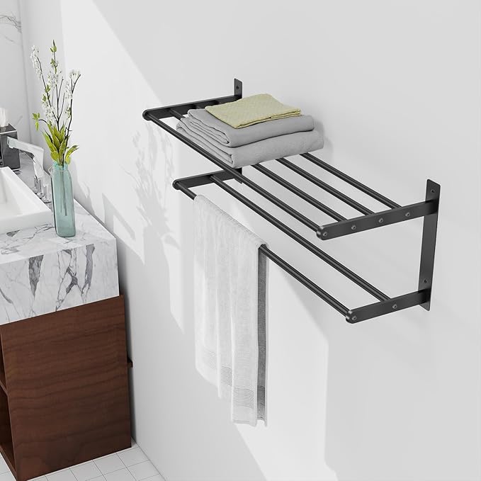 Towel Racks for Bathroom, 24 Inch Bath Towel Shelf with Double Towel Bar, Stainless Steel Towel Rack Wall Mounted, 2 Tier Towel Storage for Bathroom Wall Mounted, Black