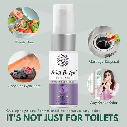 Mist N’ Go by Omaze Travel Bathroom Spray for Toilet Spray Odor Eliminator - Travel Toilet Spray for Bathroom Air Freshener Spray for Bathroom Deodorizer - Lavender Travel Size (1oz x1)