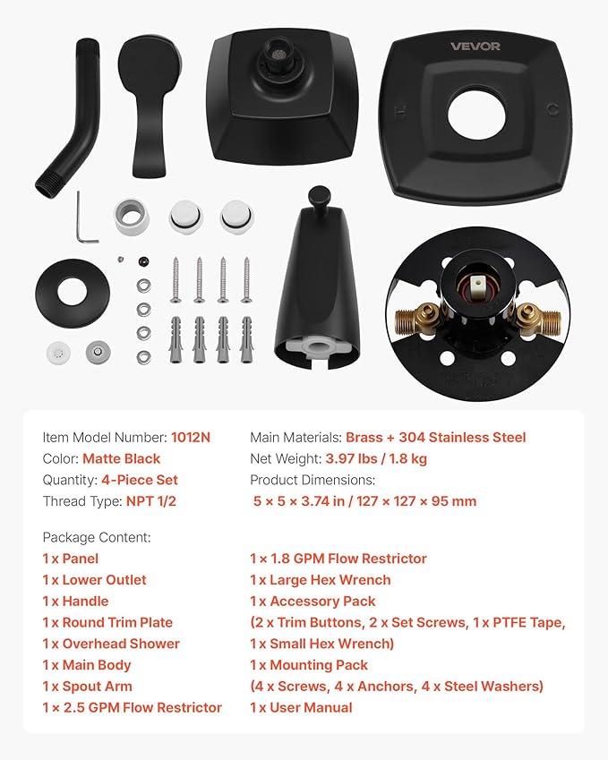 VEVOR Tub and Shower Faucet Set, Complete with 5.1-Inch Rainfall Shower Head and Bathtub Spout, 5-Setting Adjustable Spray, Single-Handle Tub Trim Kit with Brass Pressure Balancing Valve, Matte Black