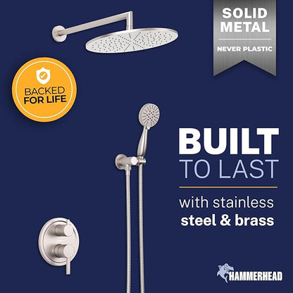 HammerHead Solid Metal Rain Shower System Set with Handheld and 10" Rainfall Head, Shower Valve and Trim Kit, 2-Handle Shower Faucet Set with 2 Way Diverter Body – Brushed Nickel