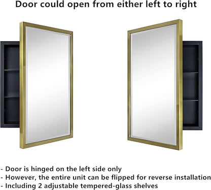 TEHOME Gold Metal Framed Recessed Bathroom Medicine Cabinet with Mirror Rectangle Tilting Beveled Vanity Mirrors for Wall 16 x 24 inches