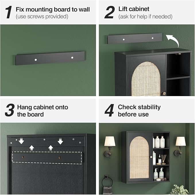 Rattan Bathroom Wall Cabinet, Boho Medicine Wall Cabinets with Door and Adjustable Shelves, Tall Kitchen Wall Mounted Storage Cabinet, Floating Hanging Cabinet Space Saver for Laundry Room,Black