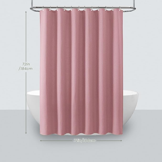 Inhousolu Fabric Shower Curtain Waffle Weave, 230 GSM Heavy Duty, Weighted Hem, 14 Metal Hooks, Water Repellent, Machine Washable, Hotel Spa Luxury Bath Curtain Set, 72 x 72 Inch, Pink