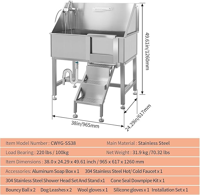 38 Inch Professional Dog Wash Station, Stainless Steel Dog Grooming Tub for Large, Medium & Small Pets - with Anti-Slip Stairs, Drain & Door, Silver