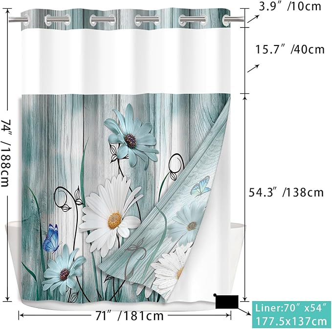 No Hook Shower Curtain Set with Snap in Fabric Liner for Bathroom,with See Through Top Window,Double Shower Curtain with Detachable Liner Replacement,Machine Washable,Daisy Flower,71x74inch
