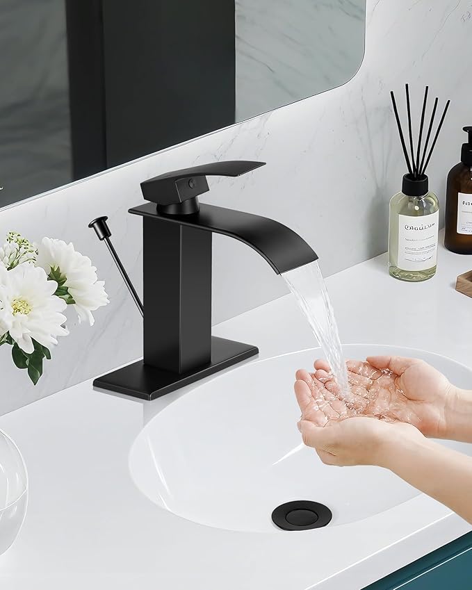 Bathroom Faucets with Lift Rod Drain Mater Black Waterfall Bathroom Sink Faucet Modern Single Handle Bathroom Faucet for 1 or 3 Hole Mxier Tap Washbasin Faucet with Deck