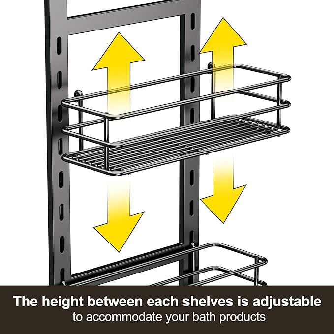 Orimade Adjustable Anti-slip Hanging Shower Caddy over Shower Head,Rustproof Bathroom Hanging shower Organizer with 4 Hooks for Razor,No Drilling Shower shelves Storage Rack,Black 4 Tier