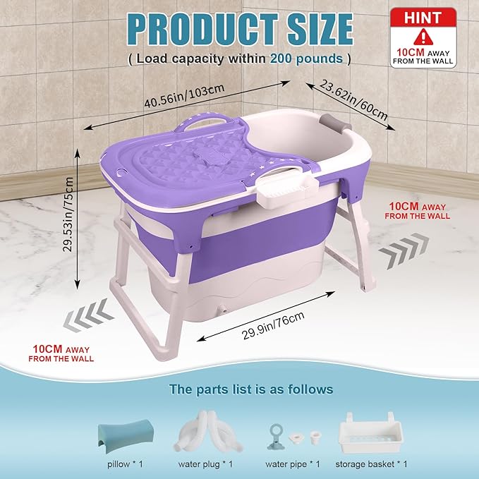 Portable Bathtub, 39 inch Portable Folding Bathtub for Adult, Portable Soaking Bath Tub with Ergonomic Seat & Massage Roller, Freestanding Surround Collapsible Tub for Hot Bath Ice Bath (Purple)
