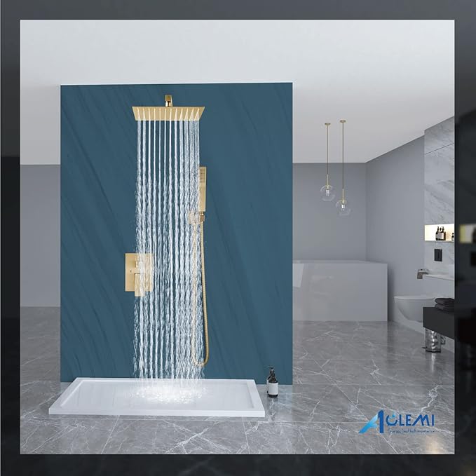 Aolemi Shower Faucet Set Rain Shower System with Handheld Spray Bathroom Shower Combo Rough-in Valve and Shower Trim Kit Included Brushed Gold 10 Inch Wall Mount Shower Head