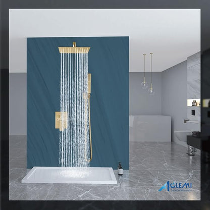 Aolemi Shower Faucet Set Rain Shower System with Handheld Spray Bathroom Shower Combo Rough-in Valve and Shower Trim Kit Included Brushed Gold 10 Inch Wall Mount Shower Head
