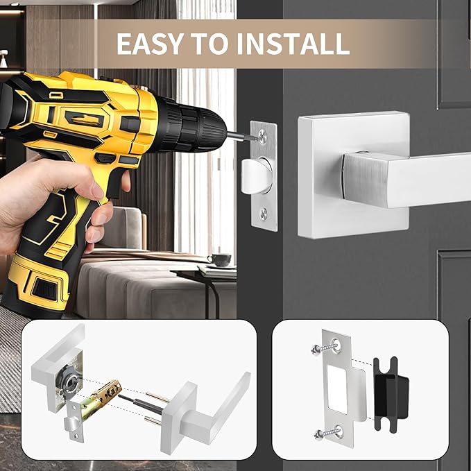 Square Passage Door Lever, Heavy Duty Interior Door Handles for Hallway& Closet Non-Locking Door Knob in Satin Nickel Keyless Door Lockset for Right & Left Side Door, 6 Pack