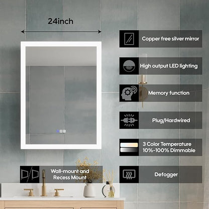 WELLFOR 24 x 32 Inch LED Medicine Cabinet with Lights, 3X Magnification Makeup Mirror, Bathroom Vanity Mirror Cabinet with Storage, Anti Fog, Surface or Recess Mount, Left Opening Door