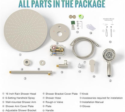 SR SUN RISE Shower Faucet - 16 Inch Multifunctional High Pressure Shower Head System with Handheld Shower Head Fixtures - Valve Included - Brushed Nickel