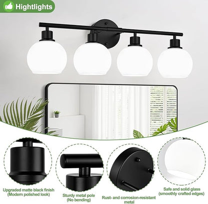 4-Light Bathroom Light Fixtures, Black Bathroom Lights Over Mirror with Milky White Frosted Glass Globe Shade, Vanity Lights for Bathroom Kitchen Living Room Hallway Cabinet Bedroom Porch