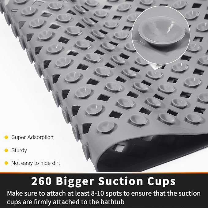 Yimobra Non Slip Bath Mat, Super Strong Suction Cups,34.5"x15.5"Long Tub Mat with Drain Holes, Machine Washable Fast Draining Shower Mats, Bathroom Essentials,Gray
