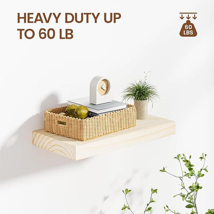 Heimlove Wood Floating Shelves for Wall,2 Packs 16 inches Natural Pine Solid Wood Floating Shelves, 8 inches Deep Wooden Shelves for Kitchen Bedroom Office & Living Room Wall Decor