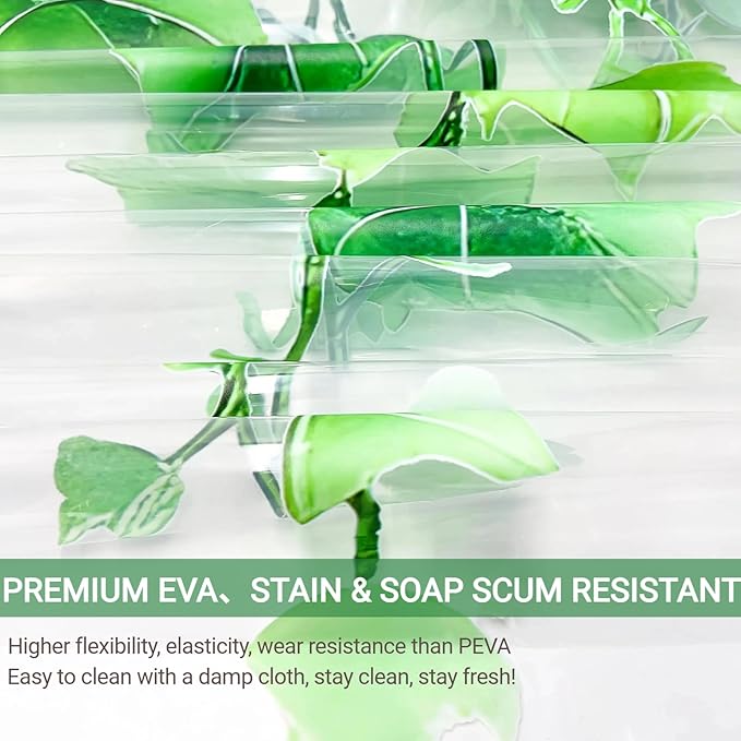 Clear Green Ivy Leaves Shower Curtain Liner, Transparent Plastic Nature Green Botanical Leaf Decorative Waterproof Shower Curtains for Bathroom, 72x72 Weighted Magnetic Shower Curtain Liner with Hooks