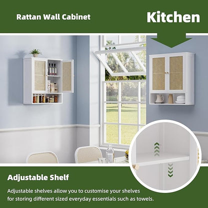 Bathroom Wall Cabinet, Bamboo Over-The-Toilet Storage Organizer with 2 Rattan Doors and Adjustable Shelf, Space Saver Medicine Cabinet for Laundry, Kitchen, Living Room (White)