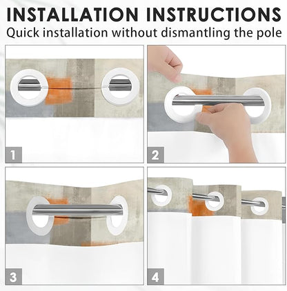 No Hook Grey Beige Orange Painting Shower Curtain with Snap in Fabric Liner Set, Abstract Double Layers Waterproof Fabric with See Through Top Window Open Grommet Bath Curtain 71x74 Inch